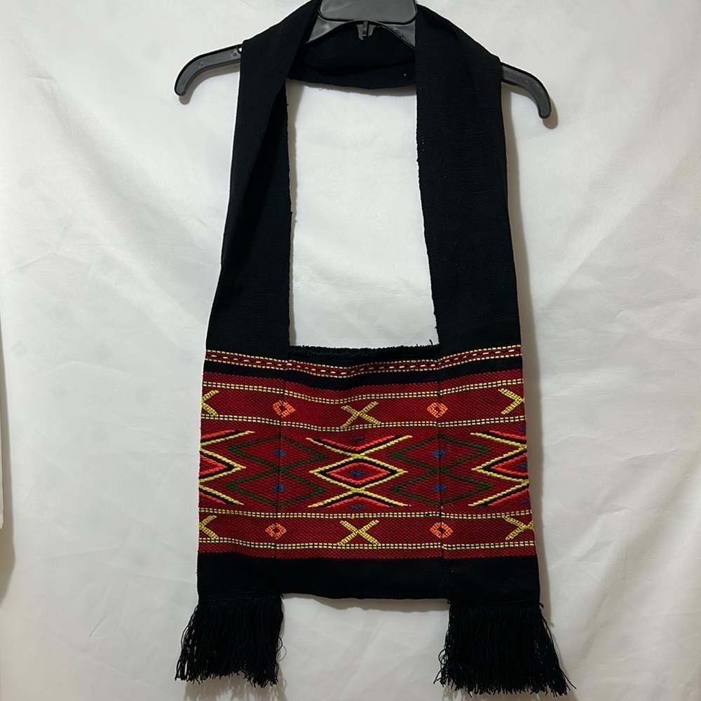 Black and Red Geometric Shoulder Bag with Fringe